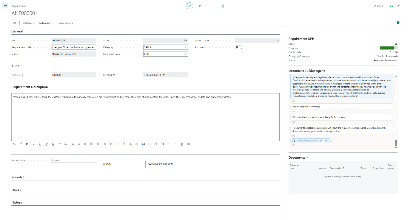 AI Requirements Bridge — Anforderungskarte mit KI-Score, Document Builder Agent und generierten Dokumenten in Business Central