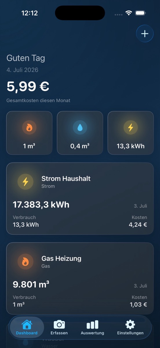 Dashboard with current consumption and monthly costs
