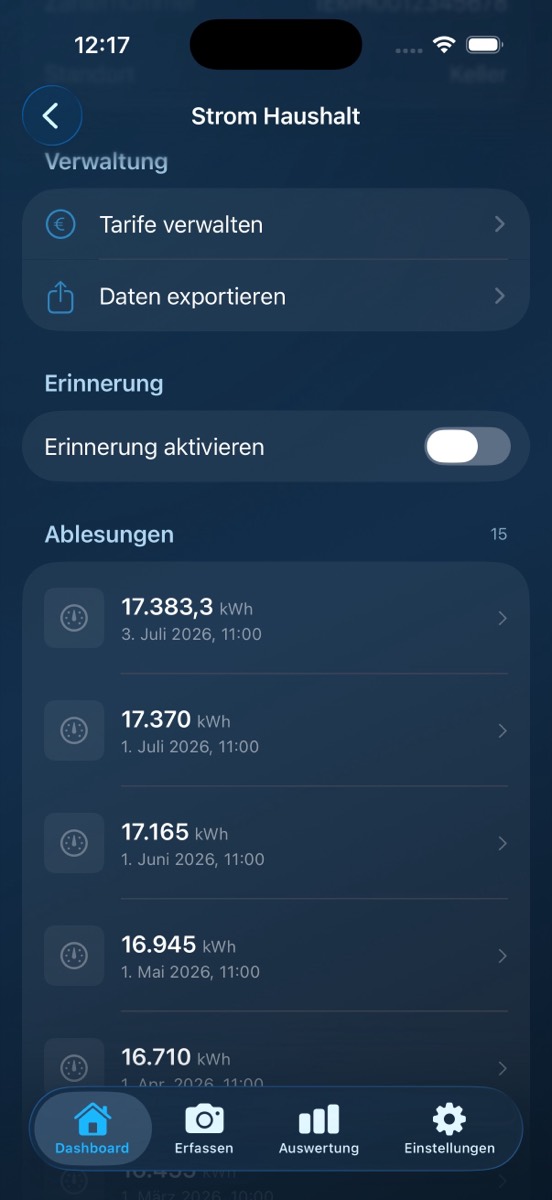 Meter detail view with all readings